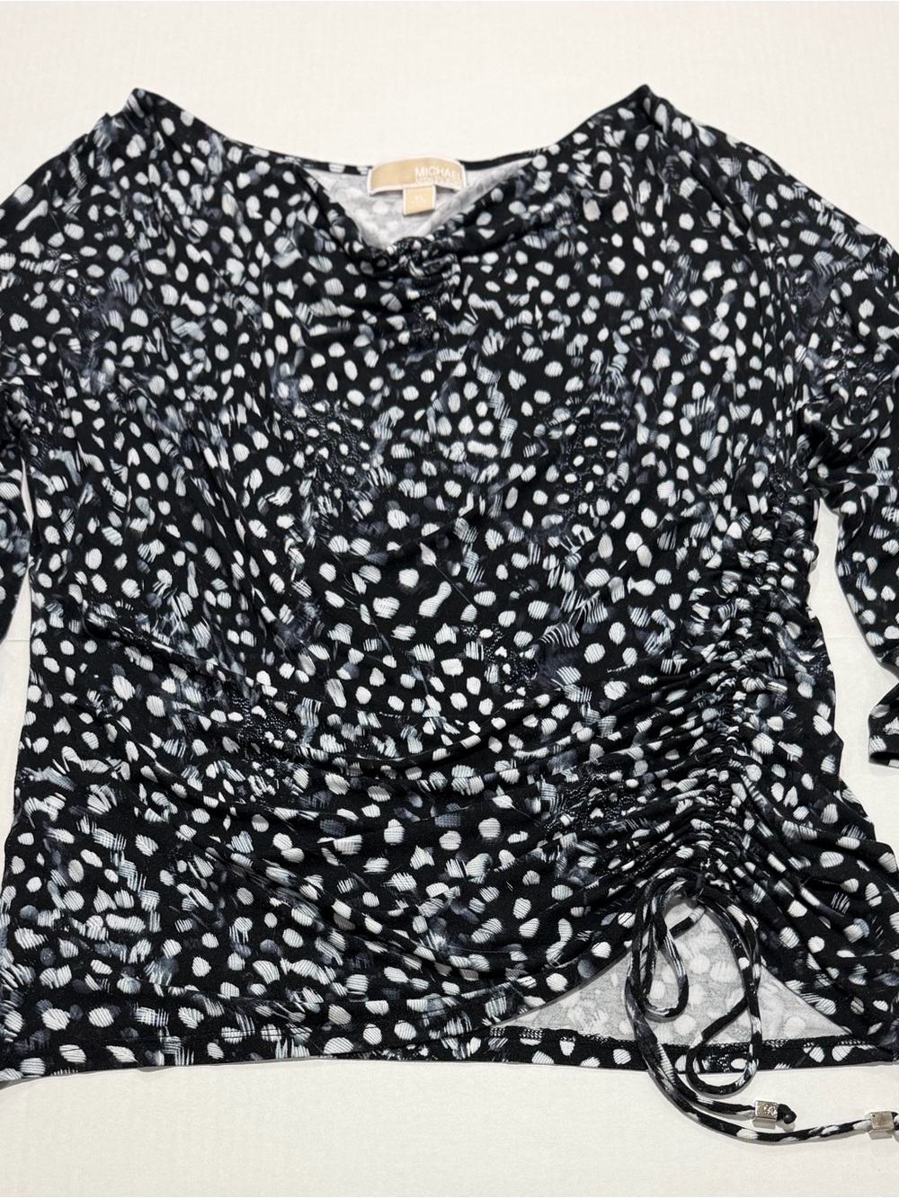 Michael Kors Black and White Ruched Dot-Print Blouse